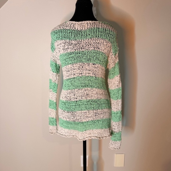 SONOMA Stripe Mint Sage Green White Woven Pullover Sweater V Neck Size Medium - Picture 8 of 11